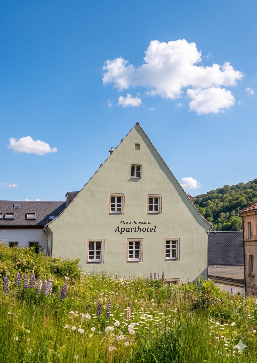 Alte Schlosserei in Königstein mit Wiese im Vordergrund