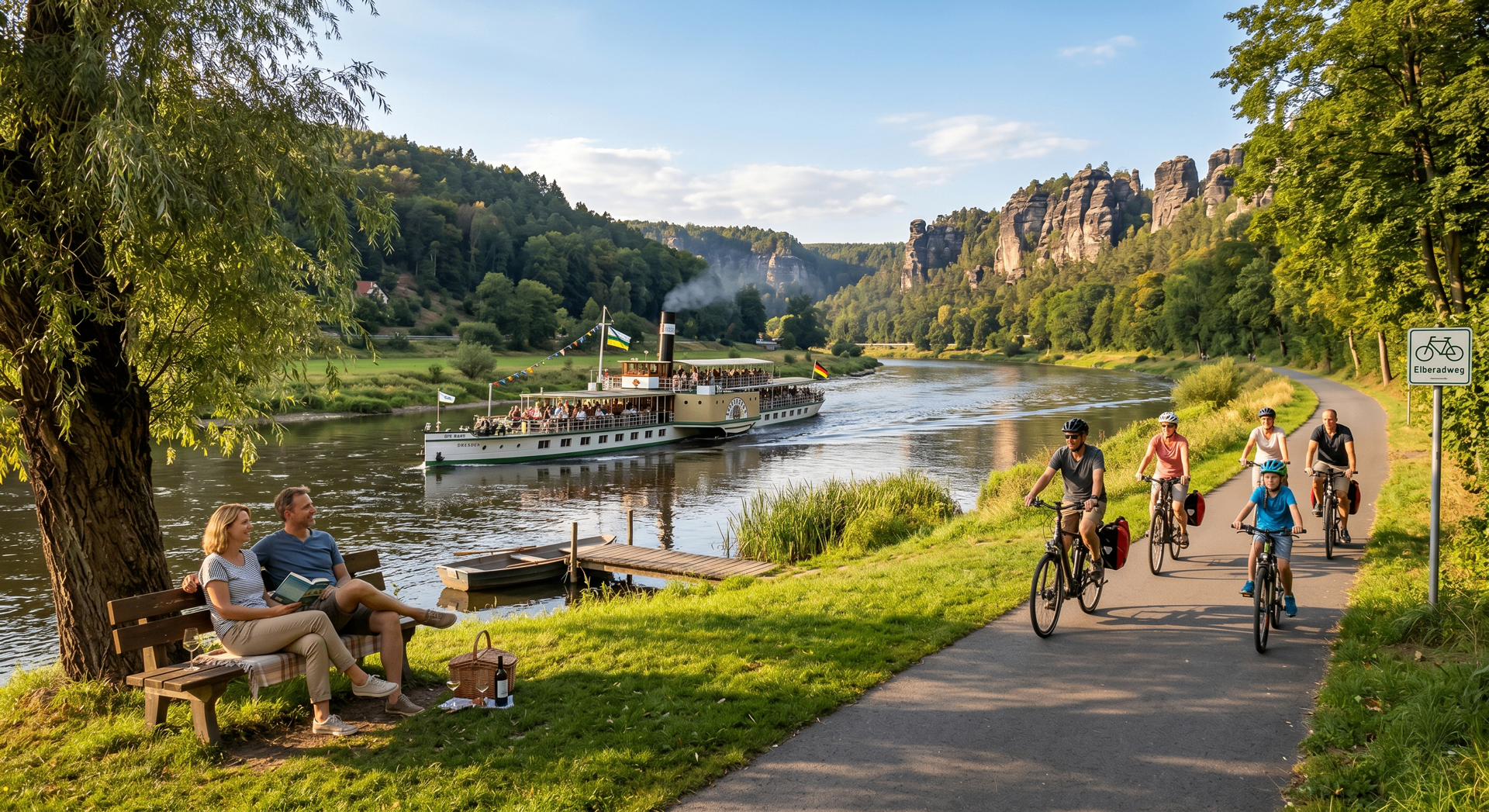 Elberadweg mit Radfahrern und historischem Dampfer
