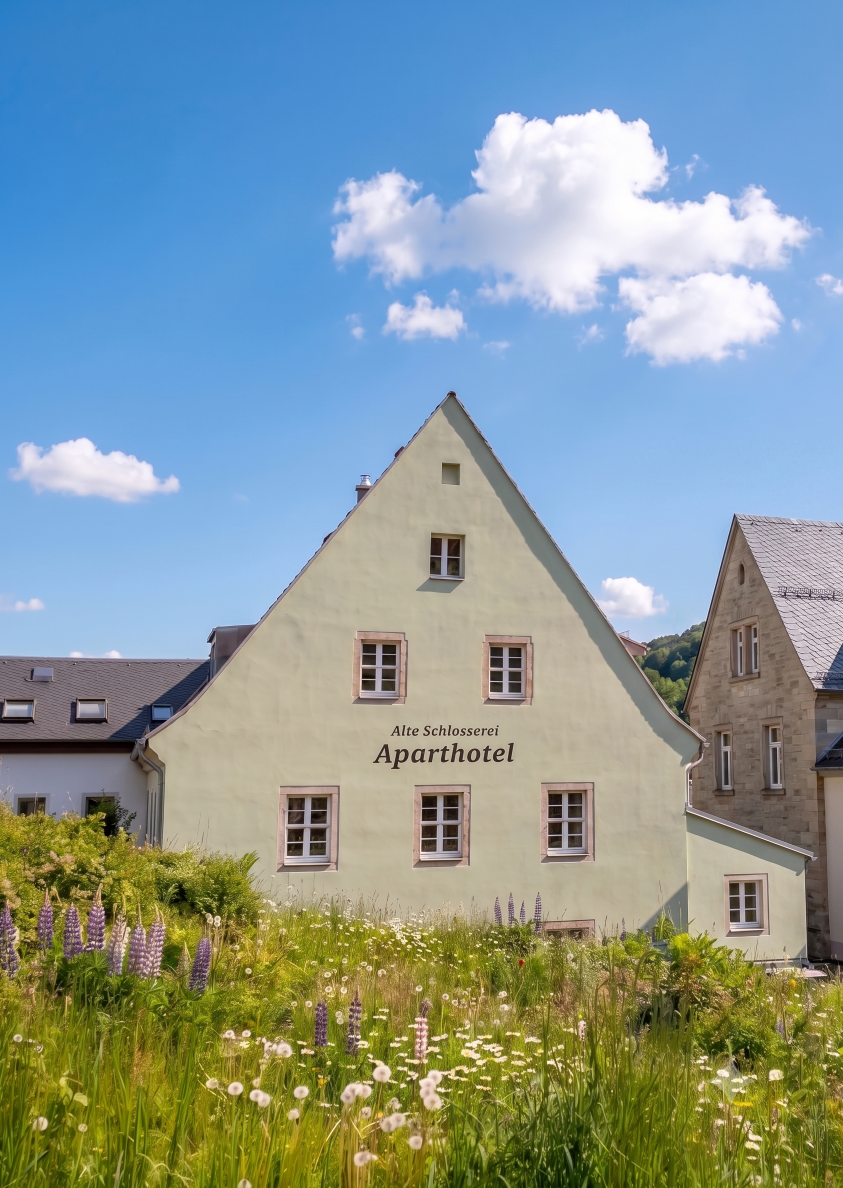 Alte Schlosserei in Königstein mit Wiese im Vordergrund